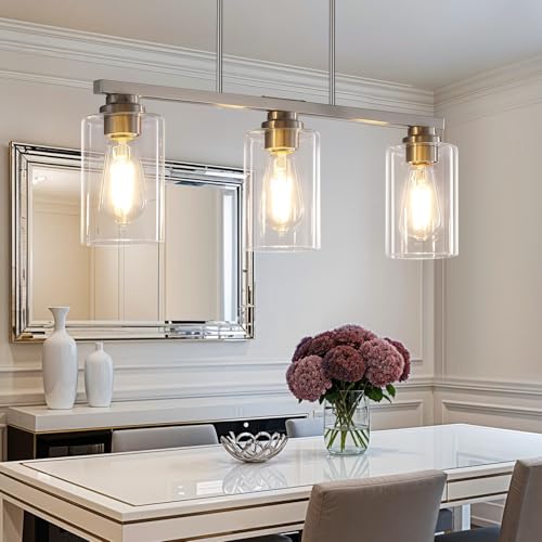 Mecgirn Island Light for Kitchen, Brushed Nickel Dining Room Light Fixture Over Table, 3-Light Linear Chandelier Pendant Lighting for Dining Table Kitchen Island Living Room