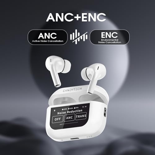 Image of Candytech AirSpace Screen TWS with 13mm Drivers, ANC Ear Buds 32dB, up to 50H Playtime TWS Ear Buds, Type-C Fast Charging, BT v5.4, True Wireless Earbuds, Transparency & EQ Mode (White)