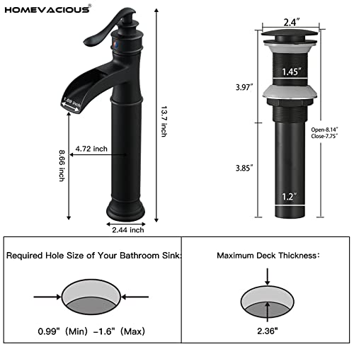 Black Vessel Sink Faucet Waterfall Bathroom Faucets Single Handle with Pop Up Drain Lavatory Farmhouse Mixer Tap One Hole Without Overflow Supply Line Lead-Free