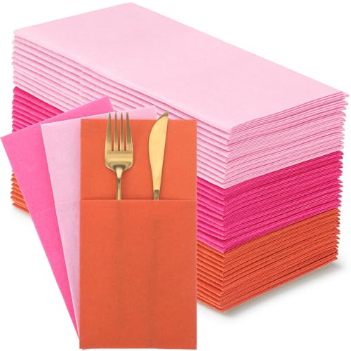 Serviettes en papier aspect lin rose et orange avec poche à couverts intégrée lot de 75