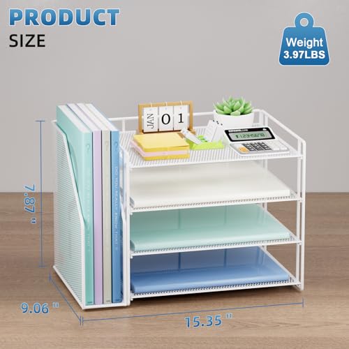 Marbrasse Desk Organizer and Accessories，4-Tier Paper Letter Tray Organizer with File Holder，Desk Accessories & Workspace Desktop Organizers for School Home Office Supplies (White) - Thumbnail 3