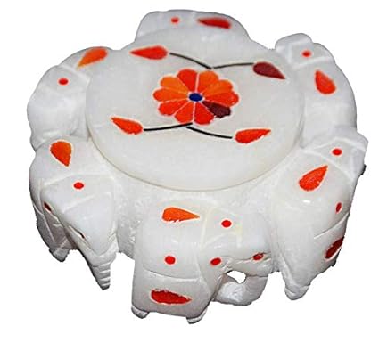ORIENTALs Marble Elephant Design Jewellery Box with Beautiful Orange Inlay Work 3 X 3 inch