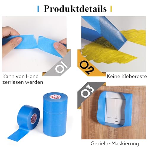 Fyguard 4 Rolle Malerkrepp, 50m x 48mm Kreppband Blau Maler Klebeband Masking Tape Abklebeband Maler Universal für Malerarbeiten Renovierungen Handwerke