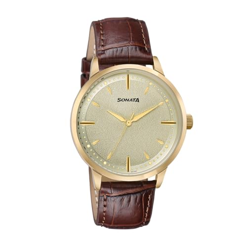 Image of Sonata Jashn with Quartz Analog Gold Dial Brown Leather Strap Men's Wedding Watch - 77208YL01