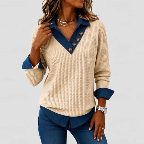 Womens Waffle Knit Tops Denim Contrast V Neck Long Sleeve Casual Shirts - image 6