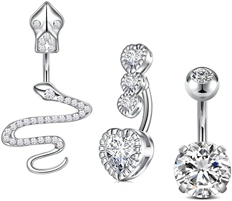 VCMART 3pcs Short Belly Bar 6mm Heart Butterfly Navel Button Rings 14G Silver Piercing Jewellery Stainless Steel