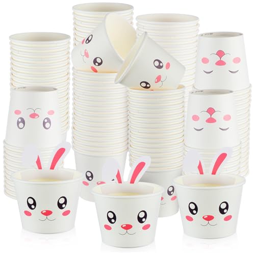 Tioncy 100 Pcs Easter Bunny Treat Snack Cups Bulk 10oz Disposable Paper Rabbit Cup with Ears Design Ice Cream Bowls for Easter Spring Bunny Themed Birthday Party Decorations Tea Parties Supplies