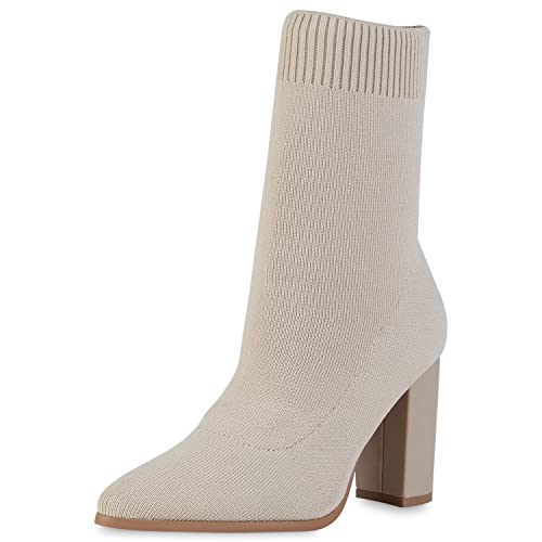 VAN HILL Damen Schlupfstiefeletten Stiefeletten Blockabsatz Schuhe Strick Boots Stiefel Spitze Absatzschuhe Booties Stoffschuhe 202663 Beige 40