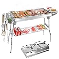 TeqHome Portable Charcoal Grill, Large Stainless Steel Folding BBQ Grill, Foldable Barbecue Grill with Storage Shelf for Camping BBQ Garden Backyard Party Picnic Outdoor Cooking Kabob, 39x13.4x28 inch