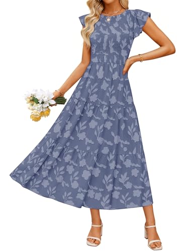 ZESICA Women's Summer Boho Floral Midi Dress 2026 Casual Flutter Short Sleeve Crewneck Smocked Flowy Beach Long Dresses Dusty Blue Medium