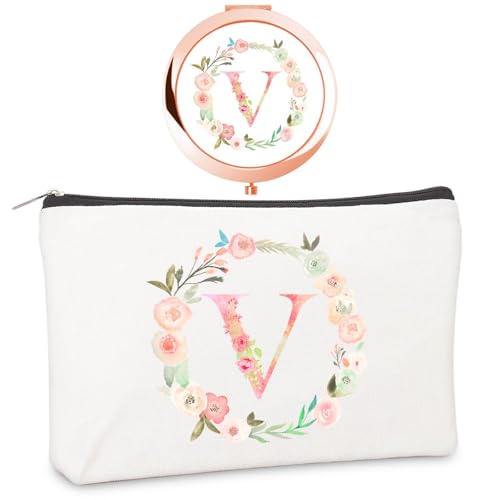 Personalized Gift Initial Compact Mirror Makeup Bag Set (V +Bag, ROSE GOLD)