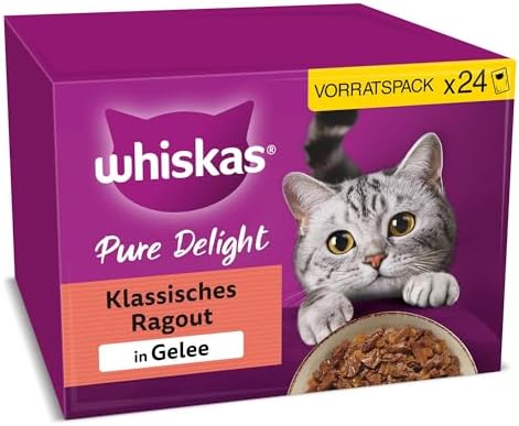 WHISKAS PURE DELIGHT Nassfutter in Gelee 24 x 85g Klassisches Ragout (4 Packungen) 48 Portionsbeutel