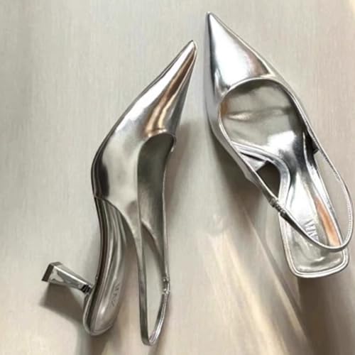 Metallic Silver Slingback Pumps Shoes for Women Kitten Heel Closed Pointed Toe Sling Back Heels Pumps2