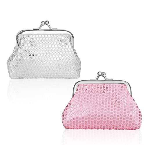 Image of FuninCrea 2 Pieces Kiss Lock Coin Purse, Reversible Sequin Coin Purses, Mini Coin Wallet for Ladies and Girls, Double Clasp Closure Mini Purse for Cash, Coin, Key and Other Small Items(Pink+Silver)