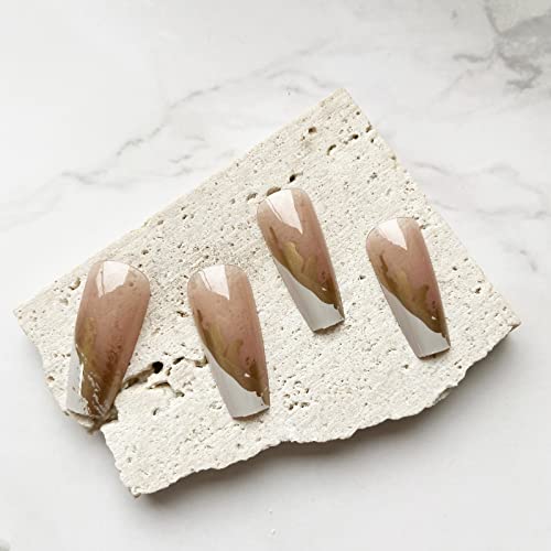 French Tip Press On Nails Medium Length Fake Nails Coffin Shape False Nails Gold Foil Acrylic Nails White Nail Tip Full Cover Glossy Stick On Nails Half Beveled Design Cute Glue On Nails For Women #TOP4