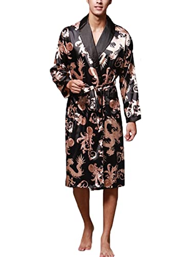 INCERUN Robe de chambre à manches longues pour homme avec imprimé intégral - Vêtement de nuit long avec ceinture et poches, Noir , XXXL Cover