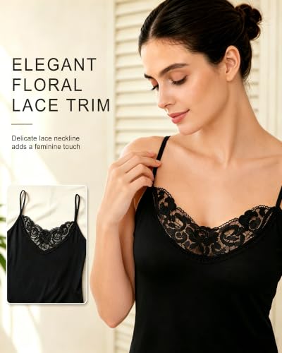 Image of Womens Tank Top Camisoles with Premium Cotton Italian Design - Trimmed with Flower Lace on Neckline