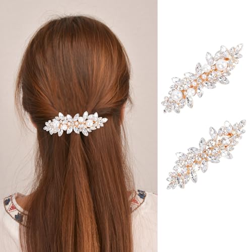 2Pcs Rhinestone Hair Clips, BetterJonny Crystal Pearl Hair Barrettes Gold Flower Sparkle Hairpins French Wedding Prom Hair Clip Barrettes for Women Girls Bridal