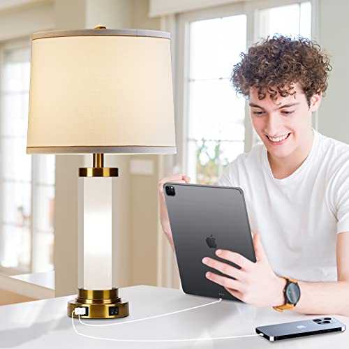 Kivditzo Glass Table Lamp Set Of 2 With Night Light Dual Usb Charging Ports White Round Shade Gold Warm Finish Decor For Living Room And Bedroom. #TOP3