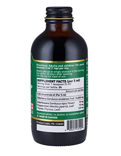 Immunia Elderberry Syrup For Adults Elderberry Concentrate With Elderflower, Thyme And Peppermint. No Sugar Added. Delicious Taste. 24 Days/Bottle. #TOP4