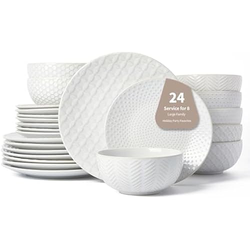 24 Piece Dinnerware Sets for 8, Premium Stoneware Plates and Bowls Sets, Microwave & Dishwasher Safe, Elegant Dishes for Entertaining & Special Occasions – A Stunning Gift for Large Families