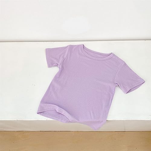 Generic Toddler Girl Solid Color T Shirt Knitted Striped Round Neck Short Sleeve for 1 to 7 Years 4t Top Girls2