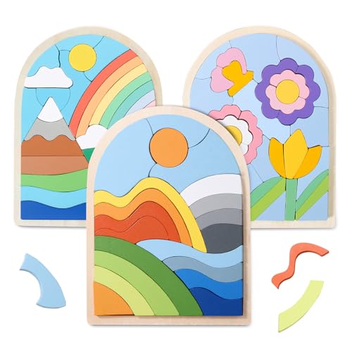 Safmord Montessori Wooden Shape Puzzles - Color Matching & Cognition Fun for Kids Over 3 Years Old, with Rainbow Blocks & Themes, Fine Motor Skill Building Toys & Gifts (3 Pack Colorful)