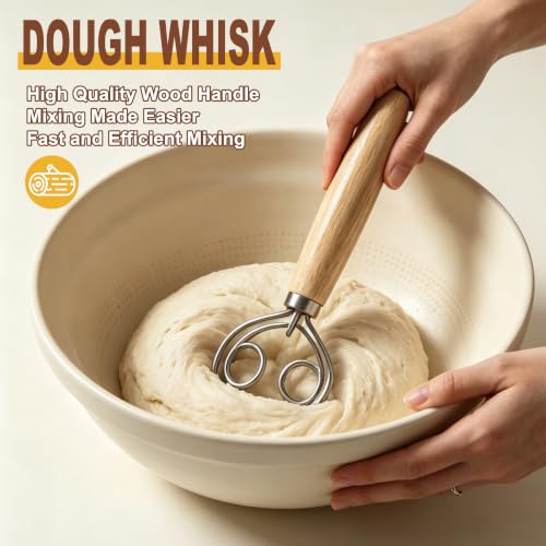 Image of 2 Pack 10 Inch Oval Sourdough Banneton Bread Proofing Basket Set with Bread Lame, Scrapers, Danish Whisk & Flour Brush