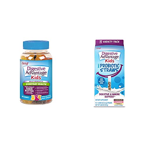 Digestive Advantage Kids Daily Probiotic - Natural Fruit Flavor Gummies (80 Count in A Bottle) with Digestive Advantage Kids Assorted Flavor Daily Probiotic Straws (10 Count in A Box)