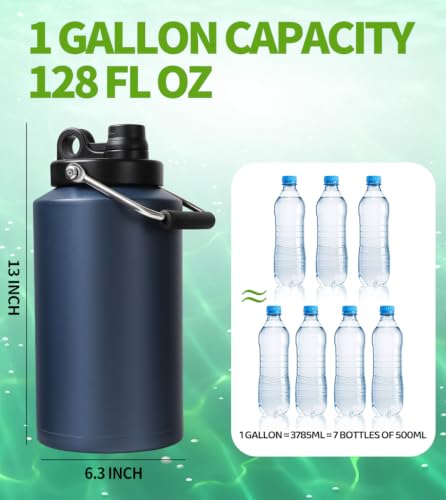 Image of Insulated Water Bottle,1 Gallon Jug with Handle, 128oz Stainless Steel, Large Water Wide Mouth Bottle for Hot & Cold Drinks, Ideal for Travel, Camping, Family (Dark Blue)