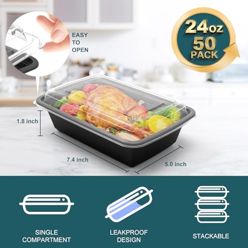 WGCC Meal Prep Containers, 50 Pack Extra-thick Food Storage Containers with Lids, Disposable & Reusable Plastic Bento Lunch Box, BPA Free, Stackable, Microwave/Dishwasher/Freezer Safe (24 oz) by WGCC - Image 2