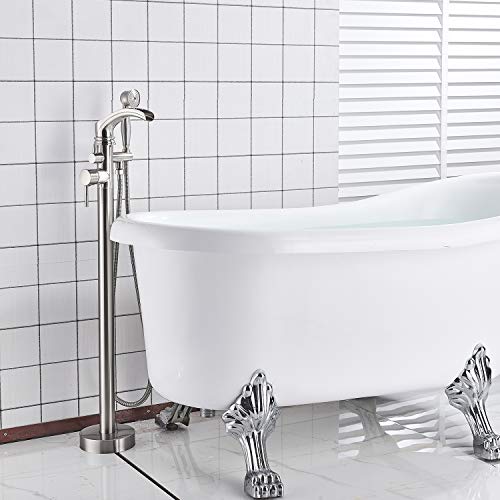 Senlesen Brushed Nickel Bathroom Single Handle Freestanding Bathtub Faucet Floor Mounted Waterfall Tub Filler with Hand Shower Set - Thumbnail 7