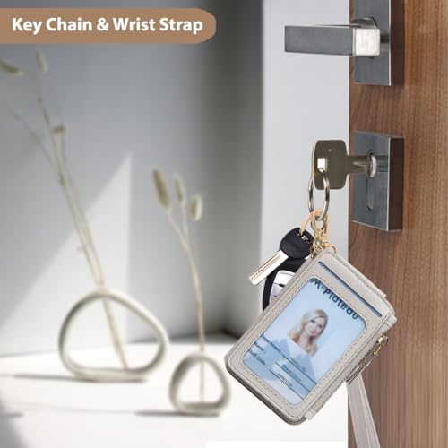 Image of M-Plateau RFID Blocking Keychain Wallet With Leather Wrist Strap | Keychain Wristlet, Womens Card Holder with Zipper Coin Pocket and ID Window (Beige)