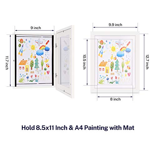 One Wall Kids Artwork Picture Frame Display 8.5X11 With Mat Or 9.9X12.7 Without Mat, White Wood Frame With Tempered Glass Front Opening For Kids Drawings, Artworks, Art Projects, Schoolwork, 2-Pack #TOP1