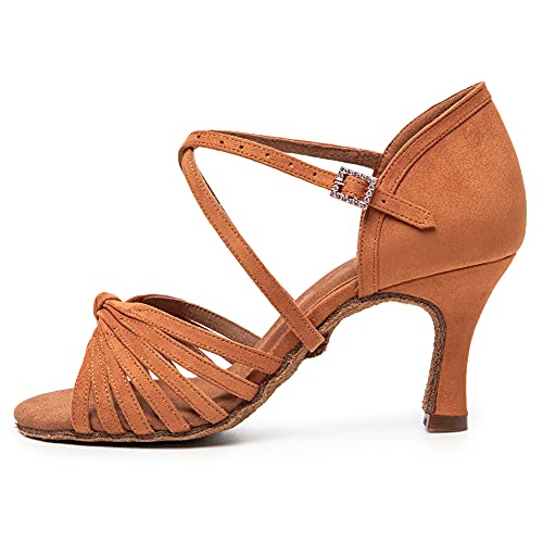 TINRYMX Zapatos de Baile Latino para Mujer de satén Salsa Tango de Salón Profesional práctica Zapatos de Baile,Modelo-A006,Marrón,40 EU