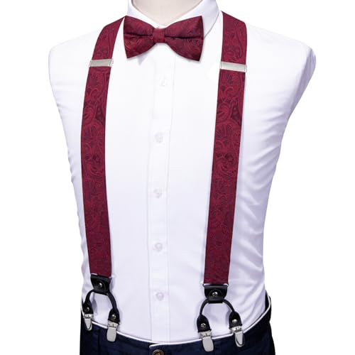Image of YOHOWA Men Suspenders 6 Clips Strength Adjustable Y Braces Pre-Tied Bow Tie Set Formal Wedding Party