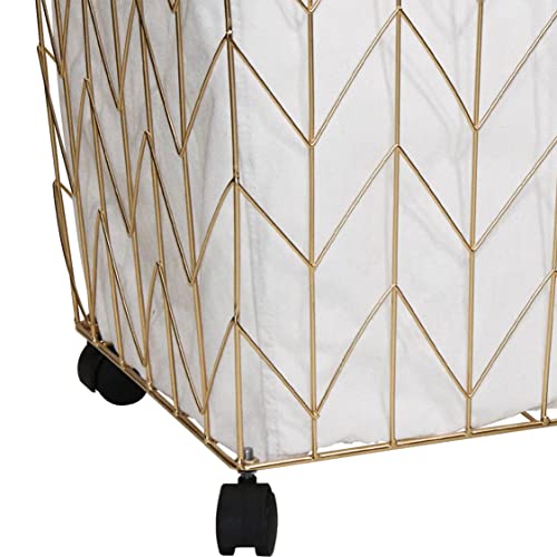 Sedlav Metal Laundry Hamper With Wheels, Gold & Natural, Square Chevron Pattern #TOP2