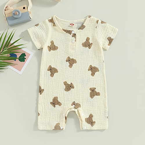 Bulingna Newborn Infant Baby Boy Girl Summer Short Jumpsuit Short Sleeve Bear Print One Piece Romper Bodysuit Outfit (Beige, 3-6 Months) #TOP6