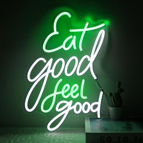 Image of Eat Good Feel Good Neon Signs for Restaurant Kitchen Snack Shop Party Decor | Dimmable Food Neon Light, Green White Letter LED Sign, Health Neon Light Up Sign, Acrylic Wall Art, USB Powered, Easy to Hang