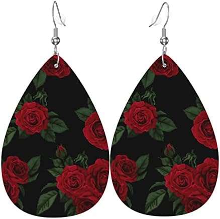 Vintage Red Rose Black Faux Leather Teardrop Earrings For Teen Girls Women Drop Dangle Earrings Gift