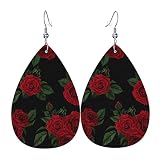 Vintage Red Rose Black Faux Leather Teardrop Earrings For Teen Girls Women Drop Dangle Earrings Gift