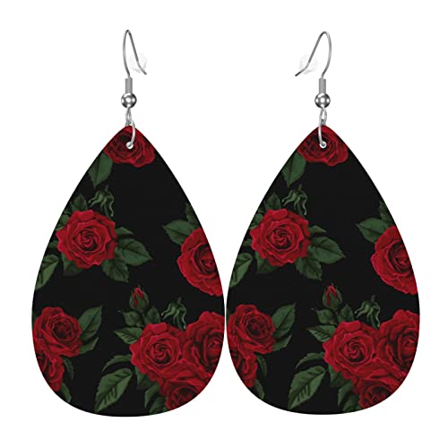 Vintage Red Rose Black Faux Leather Teardrop Earrings for Women Drop Dangle Earrings