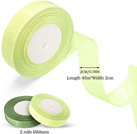 2 Rolls of Organza Ribbon, Clear Chiffon Ribbon, 20mm x 45m Each, for DIY Crafts, Ribbons for Gift Wrapping, Birthday Party Ribbon Decoration(Green Ribbon)
