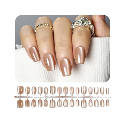 JODSONE 30PCS Nude Cat Eye Press on Nails Set Reusable Short Square Fake Nails Acrylic Diamond Shine Glossy Nature Stick on Nails for Women