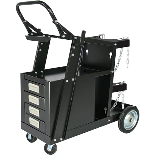 Image of MAYNIYJK Welding Cart wit 4 Drawers, Heavy Duty Rolling Welder Cart with Wheels Handles and Gas Tank Holder, for TIG MIG Welder and Plasma Cutter, Black