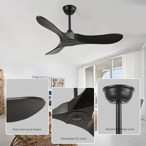 Image of 42'' Ceiling Fan no Light,Outdoor Ceiling Fan with Remote Control,3 Solid Wood Blades with Large Airflow for Bedroom,Living Room,Garage(black)