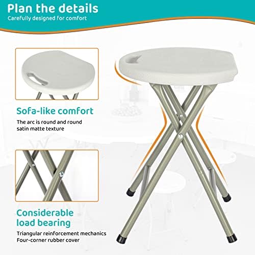 BQKOZFIN 18-Inch Folding Stool Seat Portable Heavy Duty Metal Round Bench, Strong and Durable Fishing Climbing Camping Chair with Handle Load-Bearing 330lbs/150kg,White