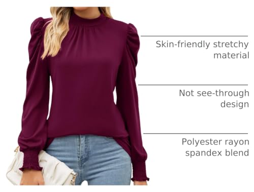 Image of LUYAA Puff Long Sleeve Shirts for Women Tops Dressy Casual Frill Mock Neck Smocked Cuffs Blouses
