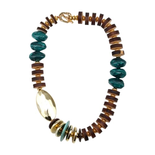 Florate Chunky Statement Wood Necklace for Women Gold Color Charm Resin Boho Chic Handmade Beaded Fashion Ethnic Tribal Jewelry (N1524-brown)