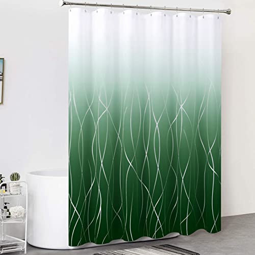 Emerald Green Shower Curtain Linen Textured Fabric Shower Curtain Set Ombre Hunter Green And White Bath Curtain Water Repellent Simple Striped Design Bathroom Curtain, 72X72 Inch, Hunter Green #TOP5